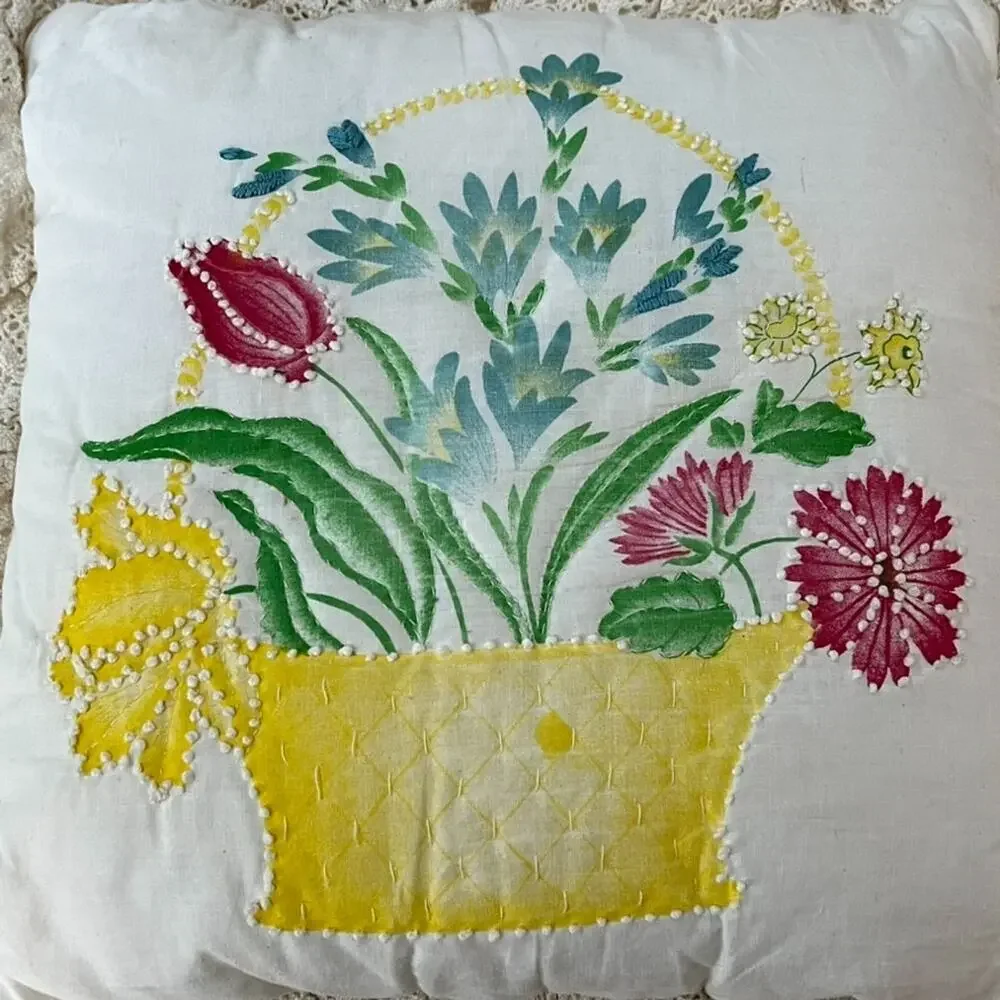Vintage Floral Ruffled Lace Throw Pillow 11 x 11 Flowers In Basket Embroidery